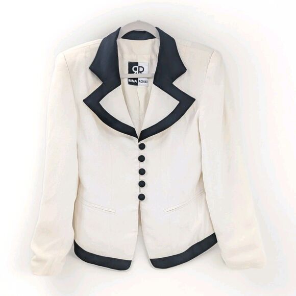 Rina Rossi Vintage White Black Button Tailored Crop Blazer Jacket Size S/M - Picture 1 of 8